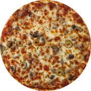 Legumes e Verduras: Mafiosa - Pizza Grande (12 Fatias) (Ingredientes: Berinjela, Calabresa Fatiada, Cebola, Azeitona Preta Fatiada, Muçarela)