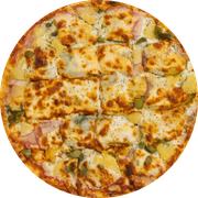 Defumados e Embutidos: Mirabelle - Pizza Grande (12 Fatias) (Ingredientes: Picanha Suína Defumada, Frutas em Calda (Figo, Pêssego e Abacaxi), Parmesão, Muçarela)