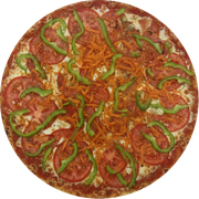 Vegetais: Vegetariana - Pizza Grande (Ingredientes:  Azeitonas,  Cenoura ralada,  Champignon,  Orégano,  Pimentão,  Tomate, Molho, Muçarela)