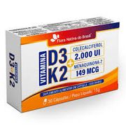 Suplementos: Vitamina D3 + K2 500mg 30cps Flora Nativa - Ajuda a fortalecer ossos e dentes, melhora a absorção de cálcio e contribui para a saúde cardiovascular.