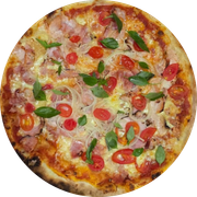 Pizza Clássicas: Bacon Miele - Pizza Grande (Ingredientes: Molho Pelati, Mussarela, Bacon, Cebola, Tomate Cereja, Mel)