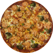 Pescados: Camarão c/ Legumes - Pizza Grande (12 Fatias) (Ingredientes: Molho de Camarão (Cebola, Tomate, Pimentão), Brócolis, Milho, Champignon, Ervilha, Palmito, Muçarela)