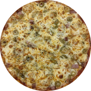 Defumados e Embutidos: Tirolesa - Pizza Grande (12 Fatias) (Ingredientes: Picanha Suína, Azeitona Verde Fatiada, Provolone, Parmesão, Muçarela)