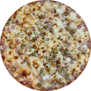 Defumados e Embutidos: Havaí - Pizza Grande (12 Fatias) (Ingredientes: Presunto, Abacaxi, Azeitona Fatiada, Muçarela)