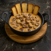 Petiscos: Mignon ao Molho Gorgonzola - Petiscos (Ingredientes: Filé Mignon, Molho Gorgonzola, Torradas)