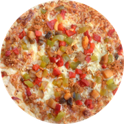 Tradicionais: Mista - Pizza Gigante (Ingredientes:  calabresa,  catupiry,  cebola,  frango desfiado e orégano,  pimentão,  presunto,  salaminho, Mussarela)