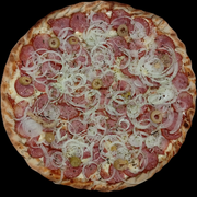 Pizzas: Pizza Calabresa - PIzza (Ingredientes: Azeitonas, Calabresa, Cebola, Molho de tomate, Mussarella, Orégano)