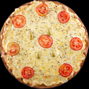 Pizzas: Pizza de Mussarella - PIzza (Ingredientes: Azeitonas, Molho de tomate, Mussarella, Orégano, Tomate)