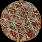 Pizzas: Pizza Vênus - PIzza (Ingredientes: Azeitonas, Calabresa ralada, Cebola, Molho de tomate, Mussarella, Orégano, presunto, Requeijjão cremoso(catupiry), Tomate picado)
