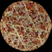 Pizzas: Pizza Moda da casa - PIzza (Ingredientes: Azeitonas, Bacon, Calabresa ralada, Cebola, Molho de tomate, Mussarella, Orégano, presunto, Requeijjão cremoso(catupiry), Tomate em cubos)