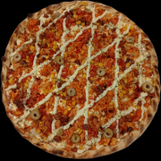 Pizzas: Pizza Caipira - PIzza (Ingredientes: Azeitonas, Bacon, Frango, Milho, Molho de tomate, Mussarella, Orégano, Requeijjão cremoso(catupiry), Tomate picado)