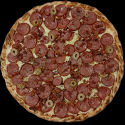 Pizzas: Pizza Calabacon - PIzza (Ingredientes: Azeitonas, Bacon, Calabresa, Molho de tomate, Mussarella, Orégano)