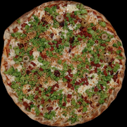 Pizzas: Pizza Brócolis - PIzza (Ingredientes: Alho frito, Azeitonas, Bacon, Brócolis, Molho de tomate, Mussarella, Orégano)