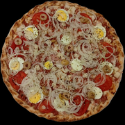 Pizzas: Pizza Portuguesa - PIzza (Ingredientes: Azeitonas, Cebola, Molho de tomate, Mussarella, Orégano, ovos, presunto, Tomate)