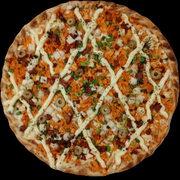 Pizzas: Pizza Moda do Chef - PIzza (Ingredientes: Azeitonas, Bacon, Cheiro verde, Frango, Molho de tomate, Mussarella, Orégano, Palmito, Requeijjão cremoso(catupiry))