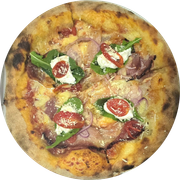 Pizzas Autorais: Rúcula di Fiamma - Pizza Grande (Ingredientes: Molho Pelati, Mussarela, Bacon, Rúcula, Creme de Ricota, Crispy de Parmesão)
