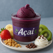 Sobremesas: Açaí Diplomata - 500ml - Sobremesas (Ingredientes: Banana, Biscoito palito, Calda de Morango, Chantily, Granola, Kiwi, Leite Condensado, Morango, Raspas de Chocolate)