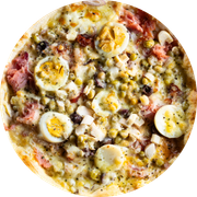 Tradicionais: Portuguesa - Pizza Gigante  (Ingredientes:  Azeitona,  Bacon,  Cebola,  Muçarela,  Orégano,  Ovo,  Palmito,  Presunto,  Tomate, Molho, Ervilha)