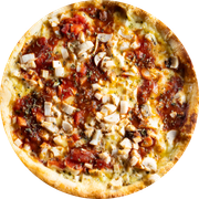Tradicionais: Palmito à Bolonhesa - Pizza Gigante  (Ingredientes: Molho,  Muçarela,  Palmito,  Molho à Bolonhesa,  Orégano)