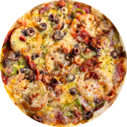 Tradicionais: À Moda - Pizza Gigante  (Ingredientes: Molho,  Muçarela,  Presunto,  Calabresa,  Pimentão,  Tomate,  Cebola,  Azeitonas,  Bacon,  Orégano)