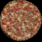 Pizzas: Pizza Lombo Parmê - PIzza (Ingredientes: Azeitonas, Lombo canadense defumado, Molho de tomate, Mussarella, Orégano, parmesão, Tomate em cubos)
