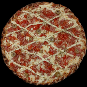 Pizzas: Pizza Lombo Cremoso - PIzza (Ingredientes: Azeitonas, Lombo canadense defumado, Molho de tomate, Orégano, parmesão, Requeijjão cremoso(catupiry), Tomate em cubos)