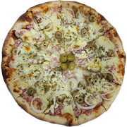 Tradicionais: Portuguesa - Pizza Pequena (Ingredientes: Molho,  Muçarela,  Presunto,  Cebola,  Ovo,  Azeitona picada,  orégano)