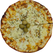 Tradicionais: Frango Caipira - Pizza Pequena (Ingredientes: Molho,  Muçarela,  Frango tradicional desfiado,  Bacon,  Milho,  Requeijão,  orégano)