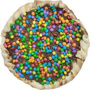 Doces: Confete - Pizza Pequena (Ingredientes:  Creme de leite,  Chocolate ao leite, M&M)