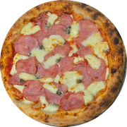 Pizzas Autorais: SQUADRA AZURRA - Pizza Grande (Ingredientes: Molho Pelati, Mussarela de Búfala, Lombo Canadense, Gorgonzola, Orégano, Azeite de Oliva)