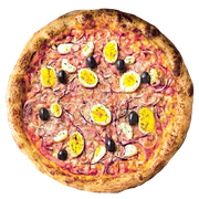 Tradicionais: Portuguesa - Pizza Grande (Ingredientes: Molho de Tomate, Mussarela, Presunto, Cebola Roxa, Ovo Cozido, Azeitona Preta, Manjericão)