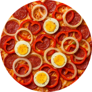 Tradicionais: Mexicana - Pizza Gigante (Ingredientes: Calabresa, Cebola, Molho de Pimenta, Mussarela, Ovo, Pimenta em Pó, Pimentão)