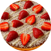 Doces: Morango Nevado - Pizza Gigante (Ingredientes: Chocolate Branco, coco, Creme de Leite, Morango)
