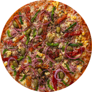 Tradicionais: Portuguesa - Pizza Grande (Ingredientes: Azeitona, Molho Italiano da Casa, Mussarela, Orégano, Ovos Cozidos, Pimentão Verde, Presunto, Tomate)