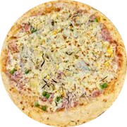 Clássicos Revisitados: Portuguesa Al Taglio - Pizza Grande (Ingredientes: Molho de Tomate,  Presunto,  Ovos caipiras,  Ervilhas frescas,  Cebola,  Muçarela,  Orégano fresco,  Azeitona)