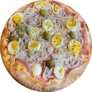 Tradicionais: Portuguesa - Pizza Grande (Ingredientes:  Azeitona,  Cebola,  Orégano,  Ovo,  Presunto, Molho Mussarella)