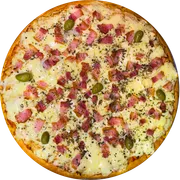 Especiais: Franbacon - Pizza Grande (Ingredientes: Molho de Tomate Pellati,  Frango,  Catupiry,  Mussarela,  Cebola,  Bacon,  Azeitona,  Orégano)