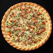 Pizzas: Pizza Bacon - PIzza (Ingredientes: Azeitonas, Bacon, Cheiro verde, Molho de tomate, Mussarella, Orégano, parmesão, Tomate picado)