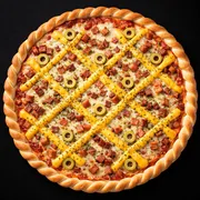 Pizzas: Pizza Bacon com Cheddar - PIzza (Ingredientes: Azeitonas, Bacon, Cheddar, Molho de tomate, Mussarella, Orégano)