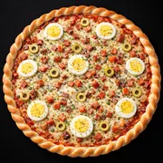 Pizzas: Pizza Carbonara - PIzza (Ingredientes: Azeitonas, Bacon, Molho de tomate, Mussarella, Orégano, ovos, parmesão)