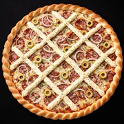 Pizzas: Pizza Calabresa cremosa - PIzza (Ingredientes: Azeitonas, Calabresa, Cebola, Molho de tomate, Mussarella, Orégano, Requeijjão cremoso(catupiry))