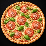Pizzas: Pizza Margherita - PIzza (Ingredientes: Azeitonas, Manjericão desidaratado, Molho de tomate, Mussarella, parmesão, Tomate)