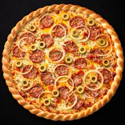 Pizzas: Pizza Baiana - PIzza (Ingredientes: azeite de dende, Azeitonas, Calabresa, Cebola, molho de pimenta, Molho de tomate, Mussarella, Orégano)