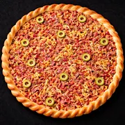 Pizzas: Pizza Calafrango - PIzza (Ingredientes: Azeitonas, calabresa moida, Frango, Molho de tomate, Mussarella, Orégano)