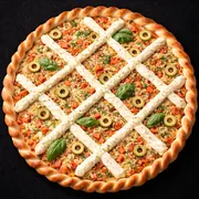 Pizzas: Pizza Caprese - PIzza (Ingredientes: Azeitonas, cream cheese, Manjericão desidaratado, Molho de tomate, Mussarella, parmesão, Tomate em cubos)