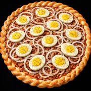 Pizzas: Pizza Toscana - PIzza (Ingredientes: Azeitonas, calabresa moida, Cebola, Molho de tomate, Orégano, ovos)