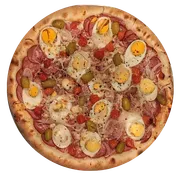 Tradicionais: Baiana - Pizzas Grande (Ingredientes: Azeitona, Calabresa, Cebola, Molho Artesanal, Mussarela, Orégano, Ovo, Pimenta Biquinho)