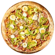 Tradicionais: Portuguesa - Pizzas Grande (Ingredientes: Azeitona, Calabresa, Cebola, Milho Verde, Molho Artesanal, Mussarela, Orégano, Ovo, Pimentão, Presunto, Tomate)