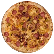 Tradicionais: Paulista - Pizzas Grande (Ingredientes: Azeitona, Bacon, Calabresa, Frango Desfiado, Milho Verde, Molho Artesanal, Mussarela, Orégano, Palmito, Tomate)