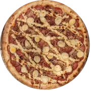 Premium: Calabresa Premium - Pizzas Grande (Ingredientes: Alho Frito, Bacon, Calabresa, Cebola, Molho Artesanal, Mussarela, Orégano, Ovo de Codorna, Requeijão)